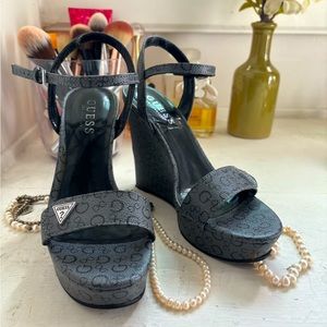 Guess Grey G Print Wedge Sandal Heel